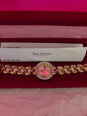 Vintage Elizabeth Taylor White Diamonds Gold Tone Crystal Watch with Box & Paper